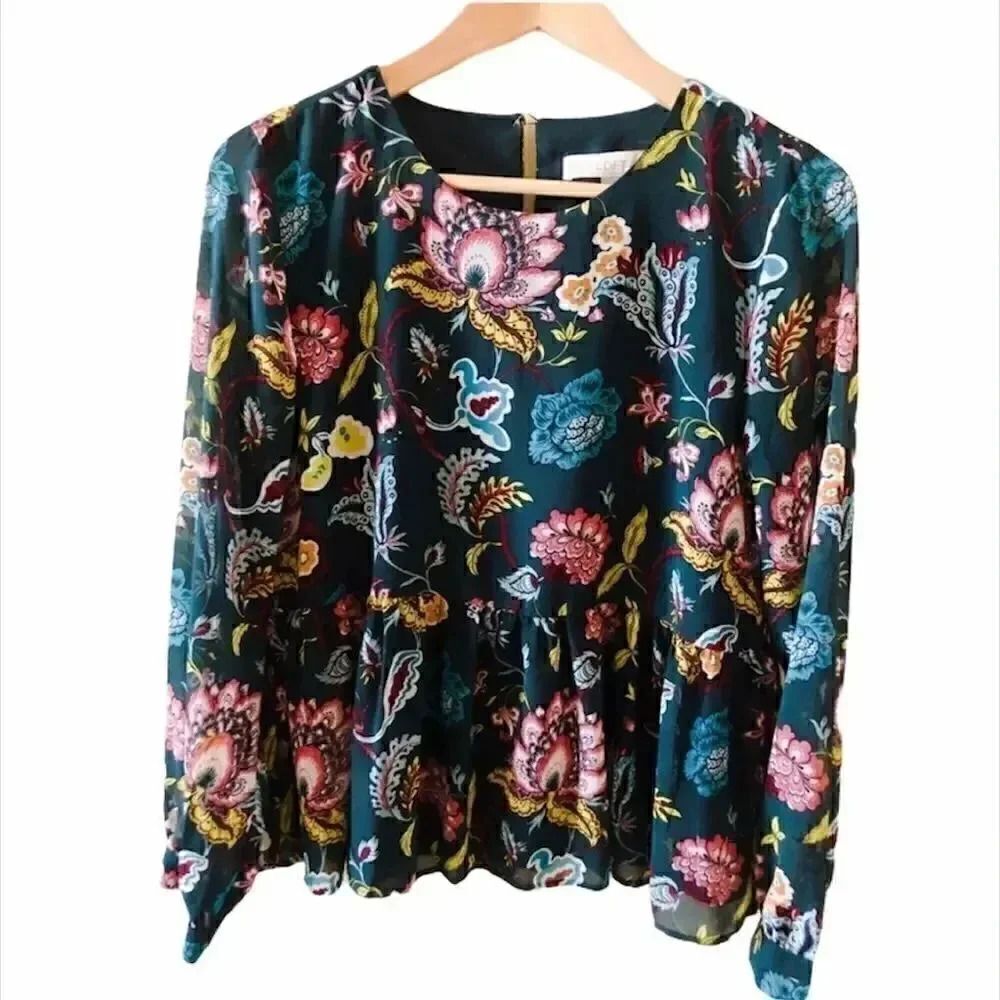 LOFT Floral Peplum Hem Long Sleeves Blouse SZ XS
